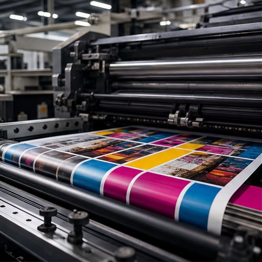Commercial offset printing press producing colourful sheets