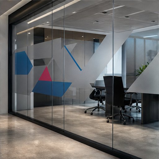 Modern office glass fitted with frosted branding graphics