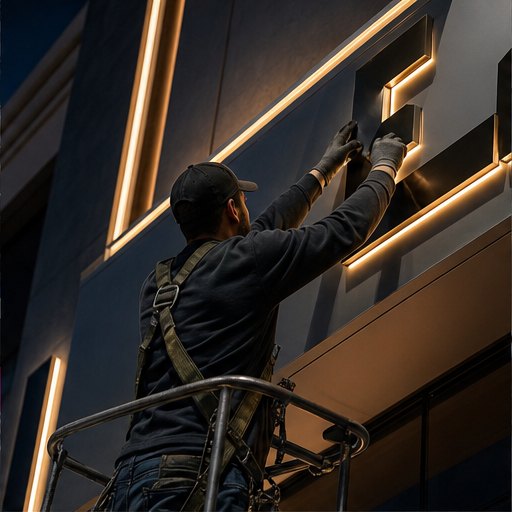 Technician installing illuminated building signage